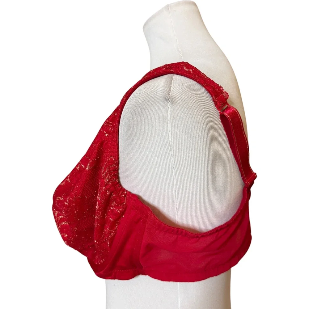 Cacique‎ Unlined High Apex Plunge Bra Women 44DD Red Gold Lace Underwire 1147423